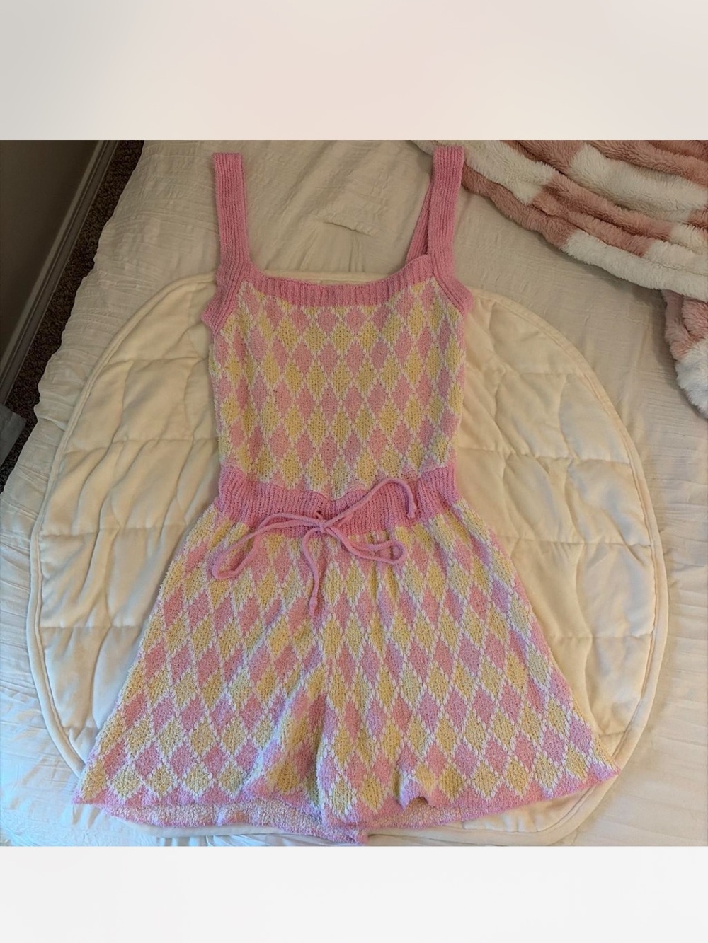 Free People Pink & Yellow Argyle Knit Romper